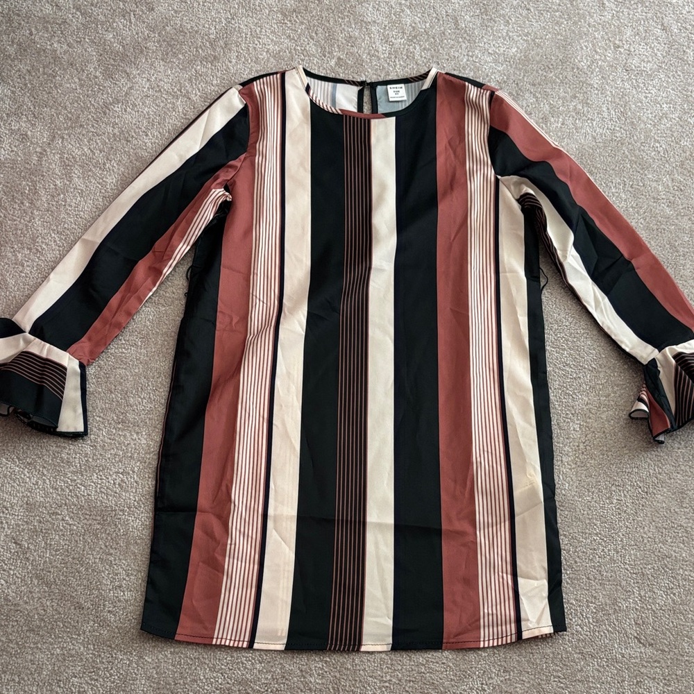SHEIN Striped Kids Casual Dress - Black, Cream, Brown